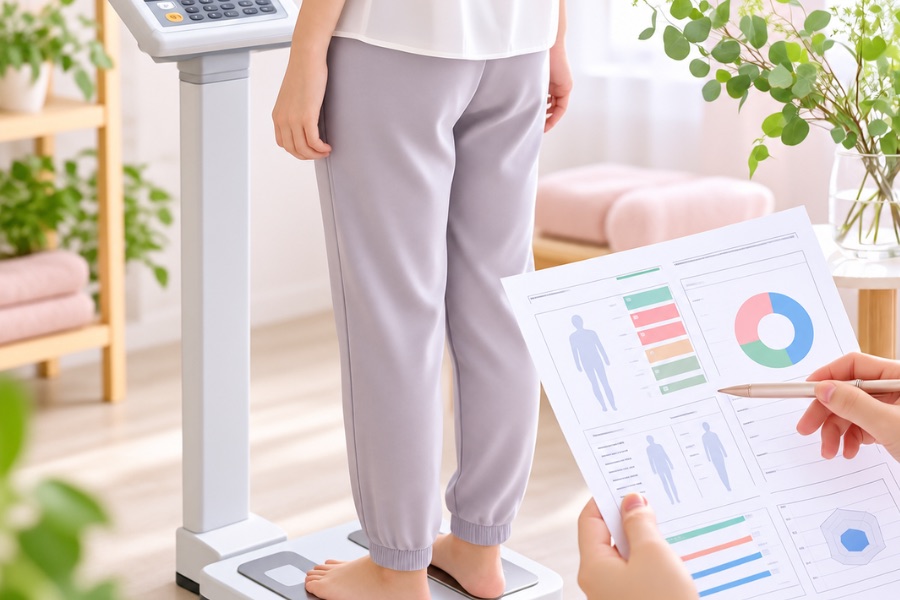 体組成計に乗って測定し、結果の用紙を見ながら解説を受けているところ