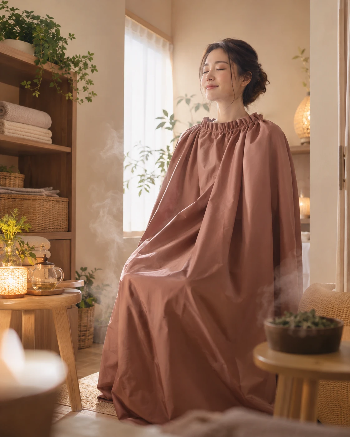 よもぎ蒸しのマントをはおり、蒸気に包まれてくつろぐ女性
